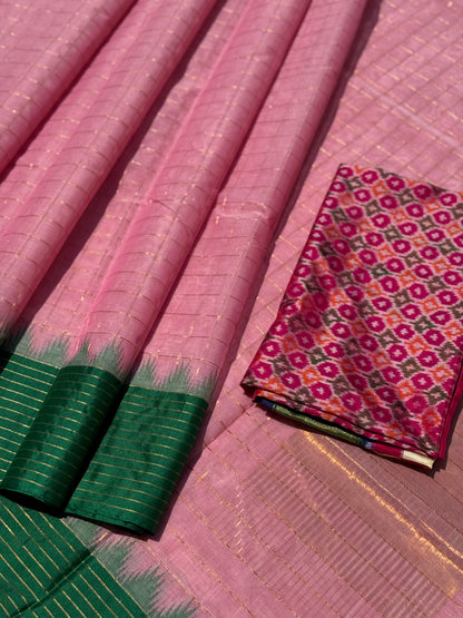 Handspun and handwoven ponduru Khadhi cotton saree with zari checks