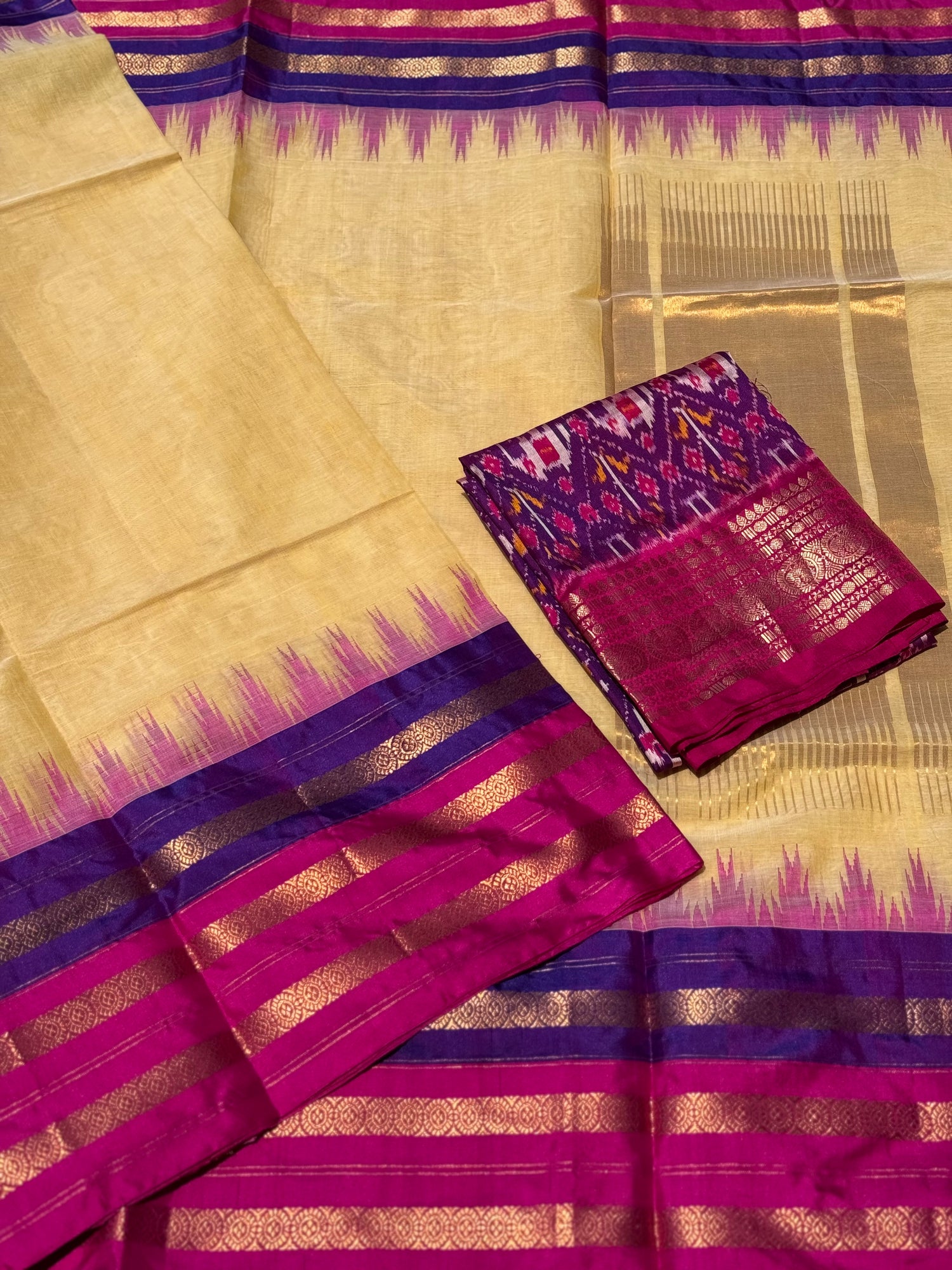 Handspun and handwoven ponduru Khadhi cotton saree with silk dobby border in contrast pink with purple