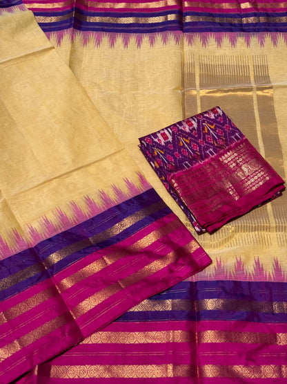 Handspun and handwoven ponduru Khadhi cotton saree with silk dobby border in contrast pink with purple