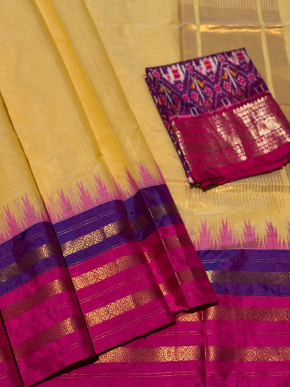 Handspun and handwoven ponduru Khadhi cotton saree with silk dobby border in contrast pink with purple