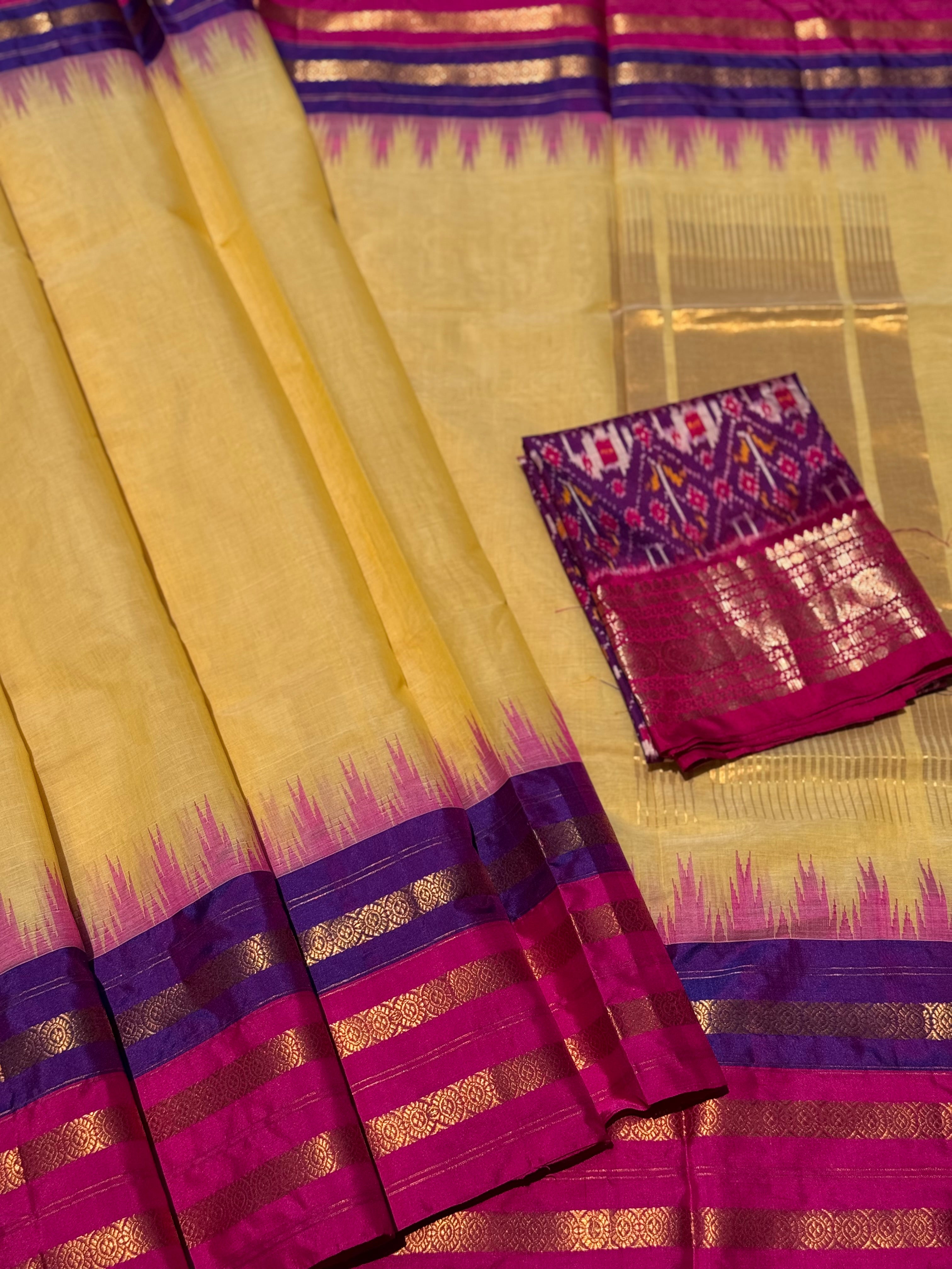 Handspun and handwoven ponduru Khadhi cotton saree with silk dobby border in contrast pink with purple