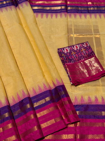 Handspun and handwoven ponduru Khadhi cotton saree with silk dobby border in contrast pink with purple