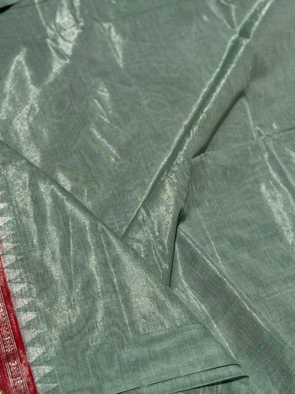 Pastel Green ponduru khadi cotton saree with zari tissue border