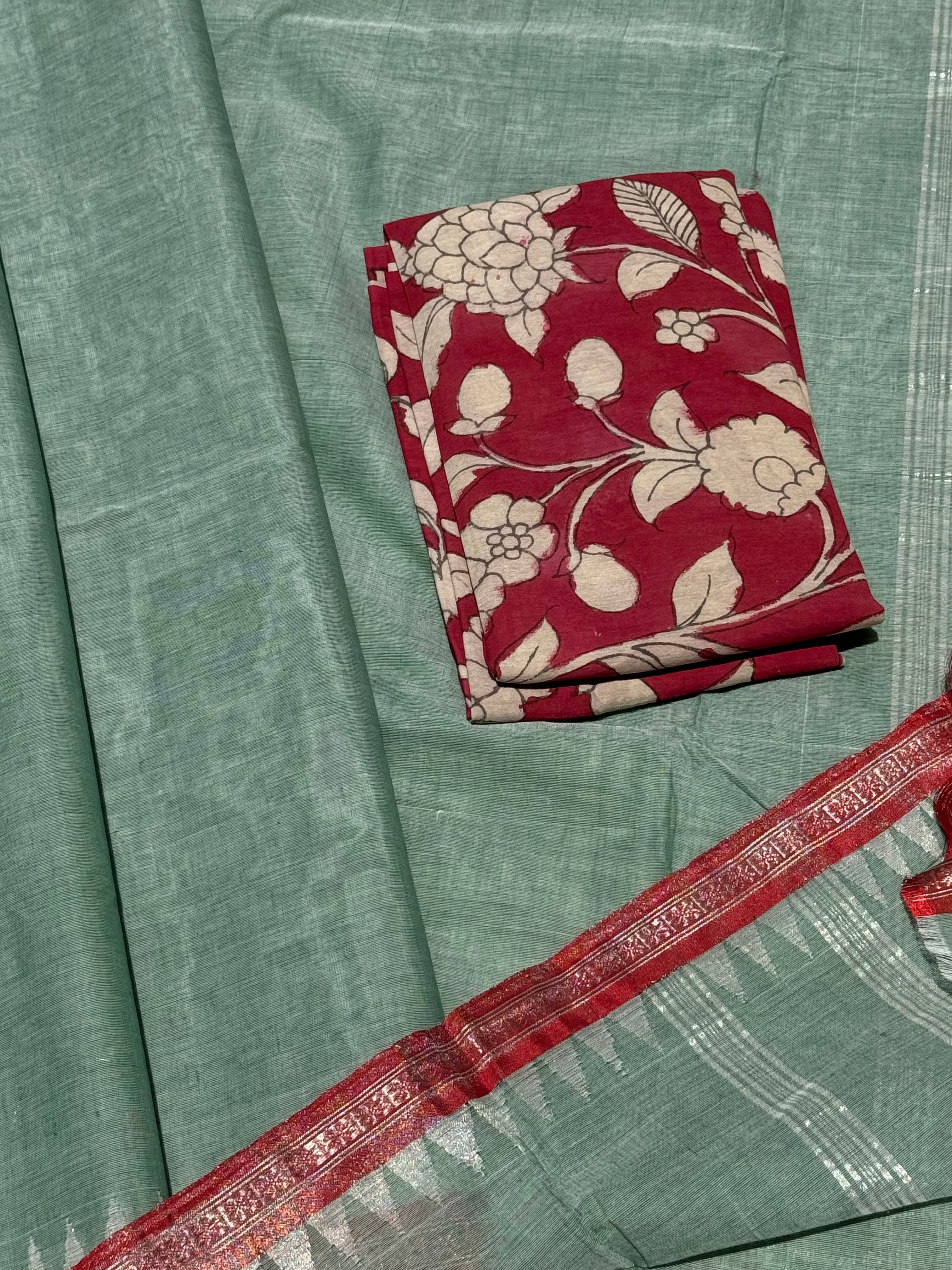 Pastel Green ponduru khadi cotton saree with zari tissue border