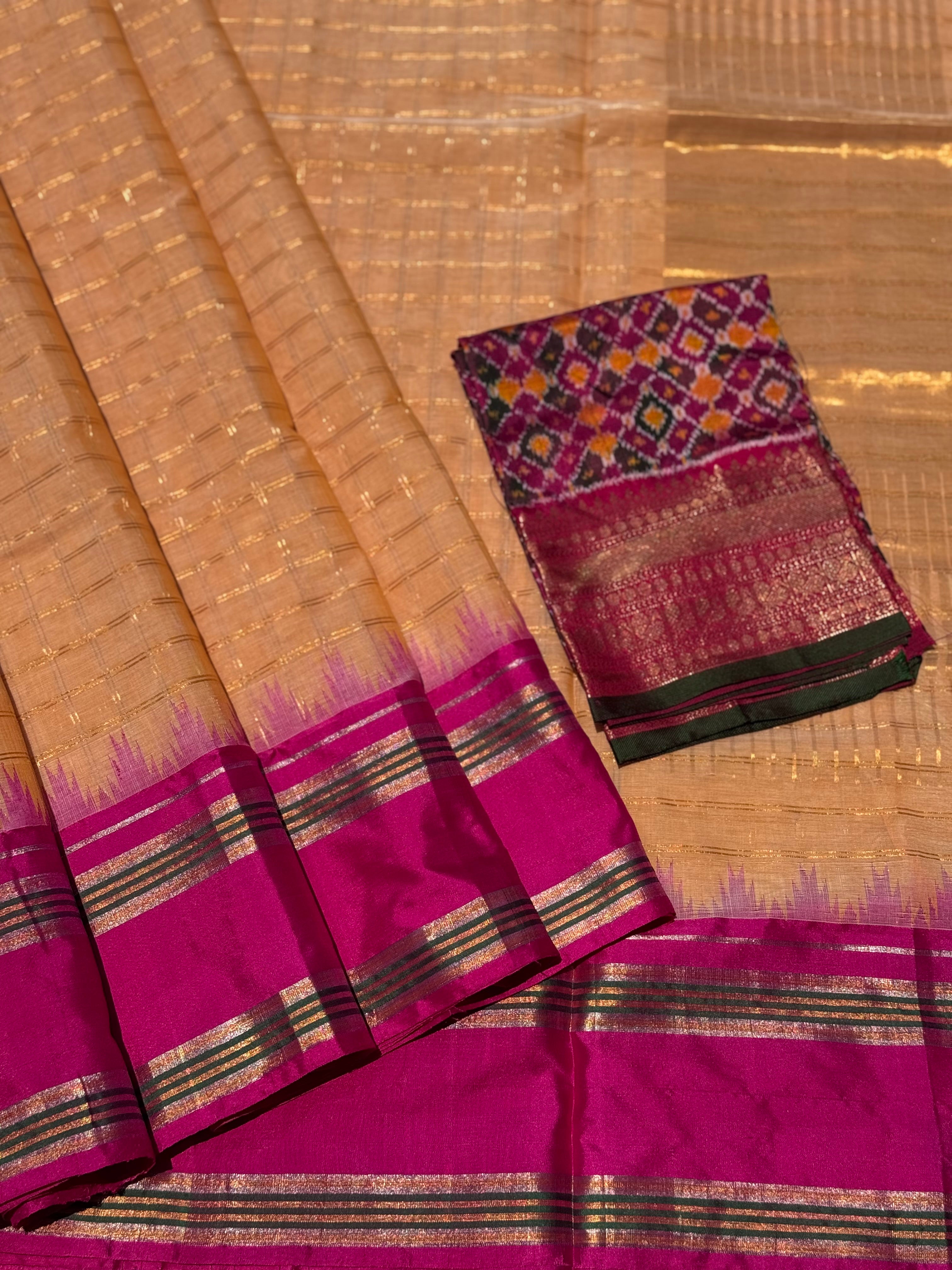 Handspun and handwoven ponduru Khadhi cotton saree with zari checks
