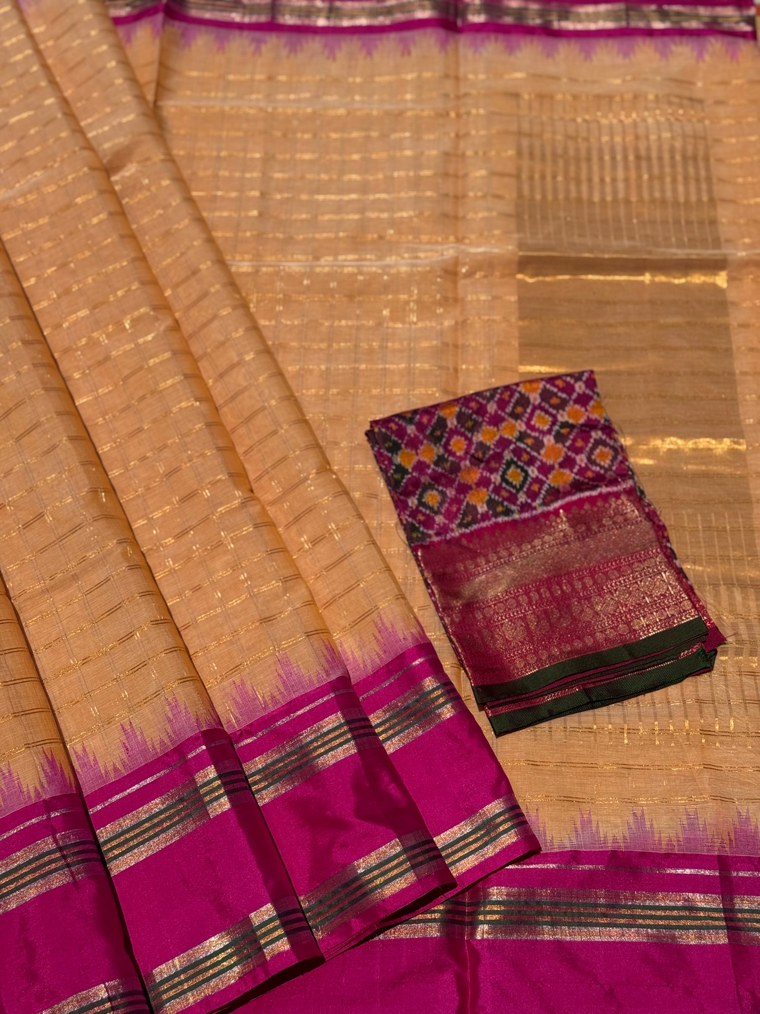 Handspun and handwoven ponduru Khadhi cotton saree with zari checks