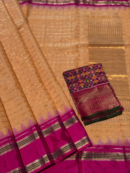 Handspun and handwoven ponduru Khadhi cotton saree with zari checks