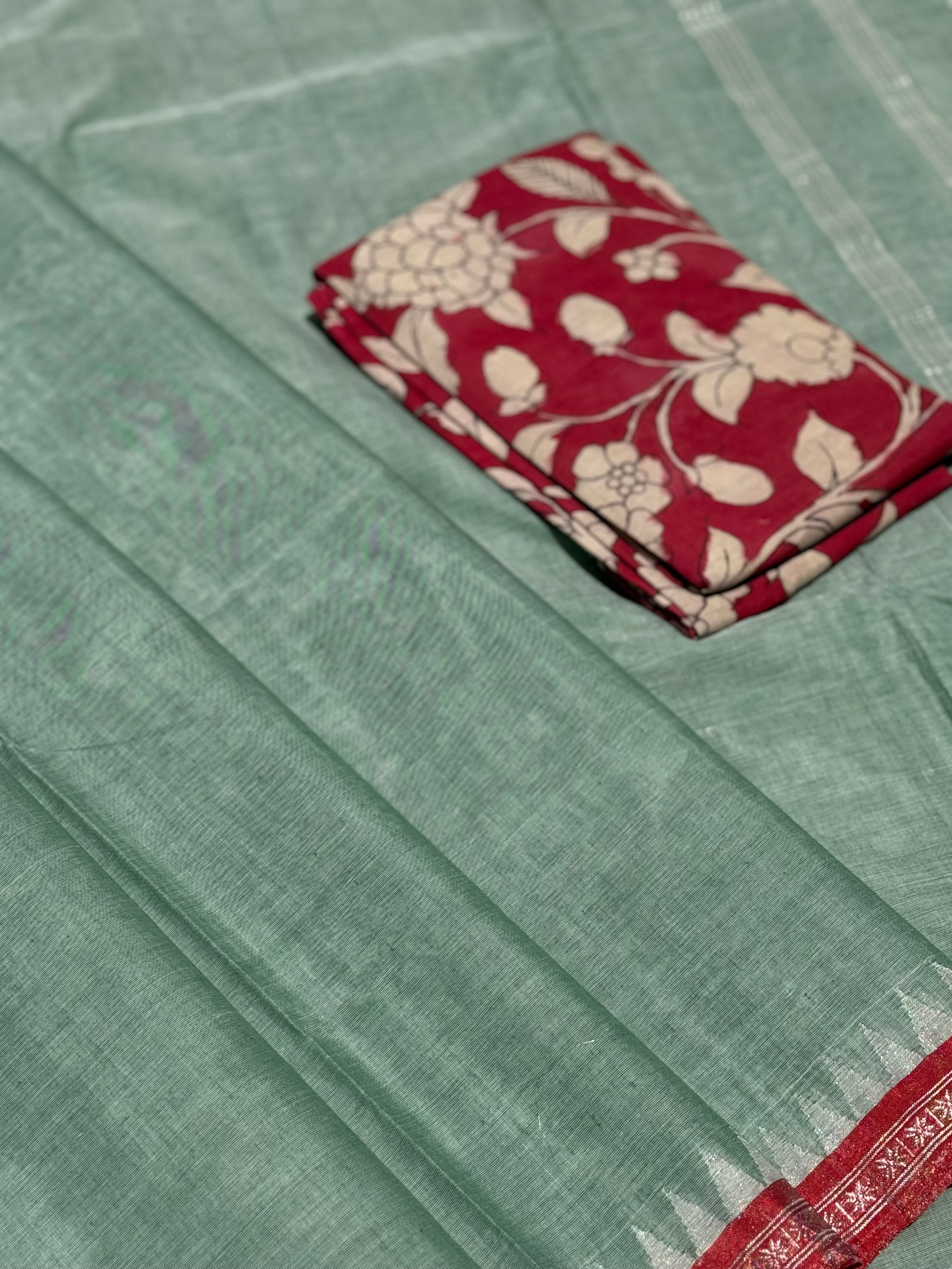 Pastel Green ponduru khadi cotton saree with zari tissue border