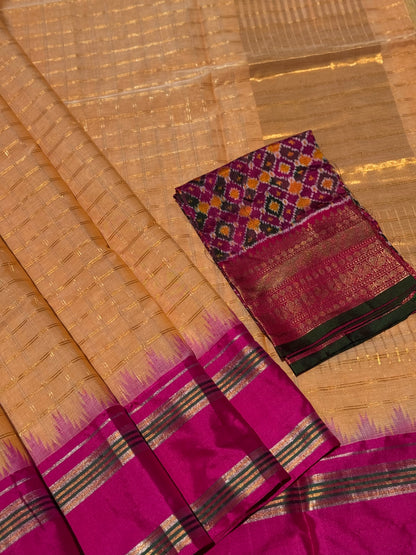 Handspun and handwoven ponduru Khadhi cotton saree with zari checks