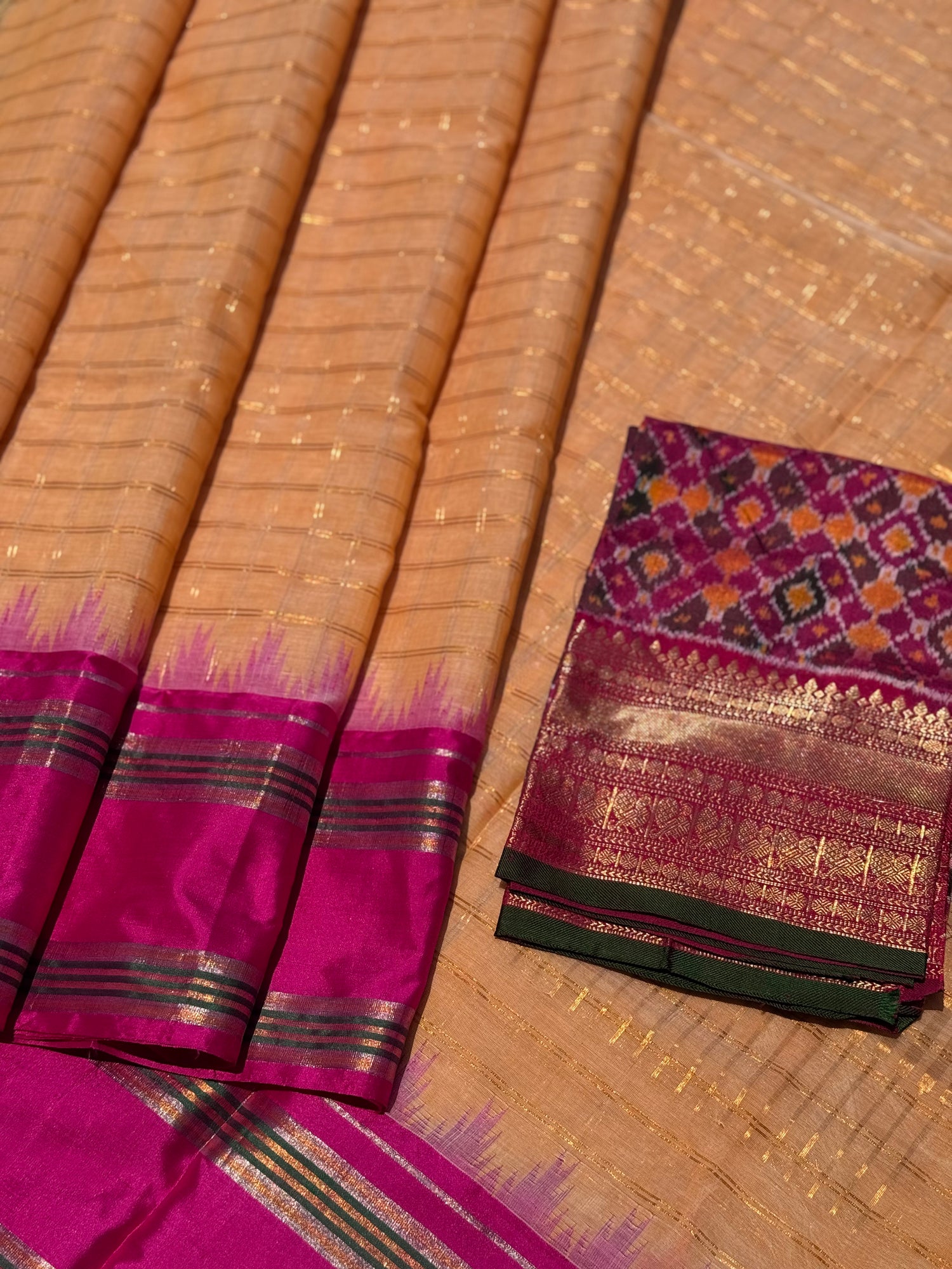 Handspun and handwoven ponduru Khadhi cotton saree with zari checks