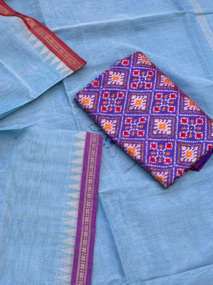 Powder Blue ponduru khadi cotton saree with silk tissue border