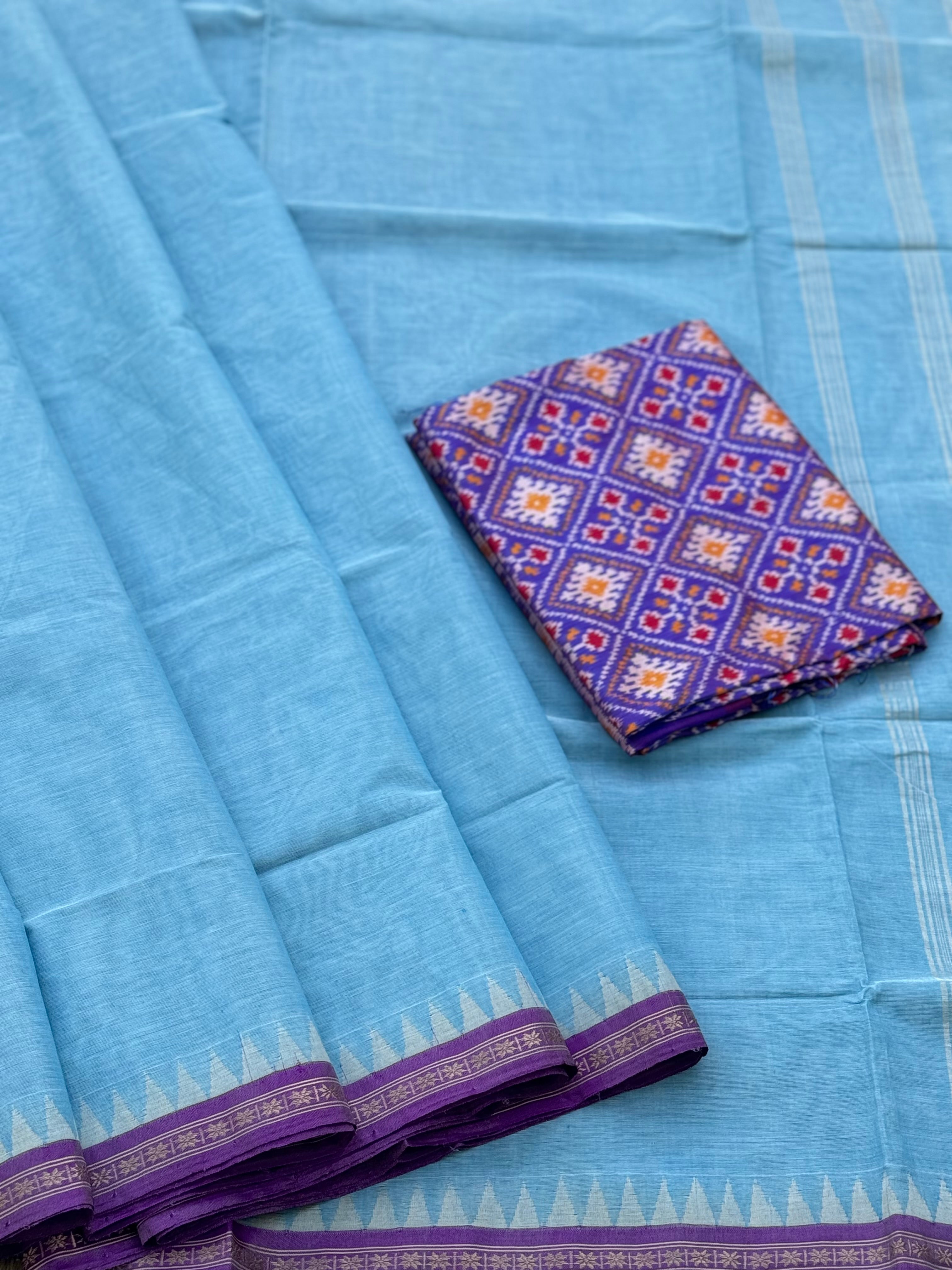 Powder Blue ponduru khadi cotton saree with silk tissue border