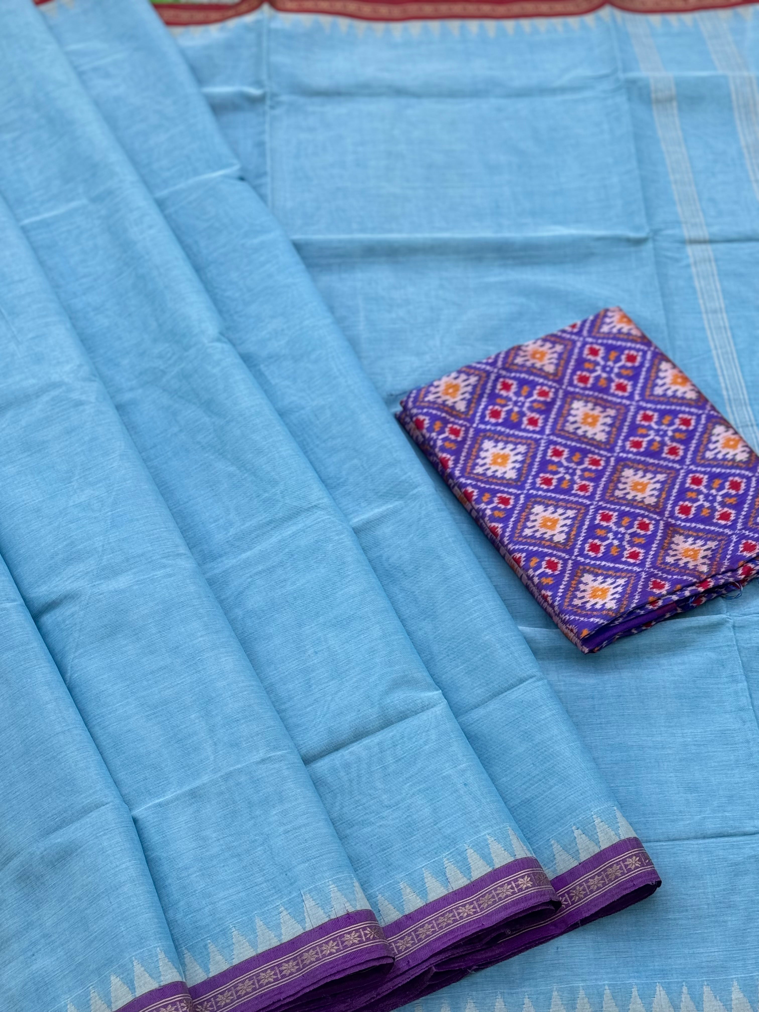 Powder Blue ponduru khadi cotton saree with silk tissue border