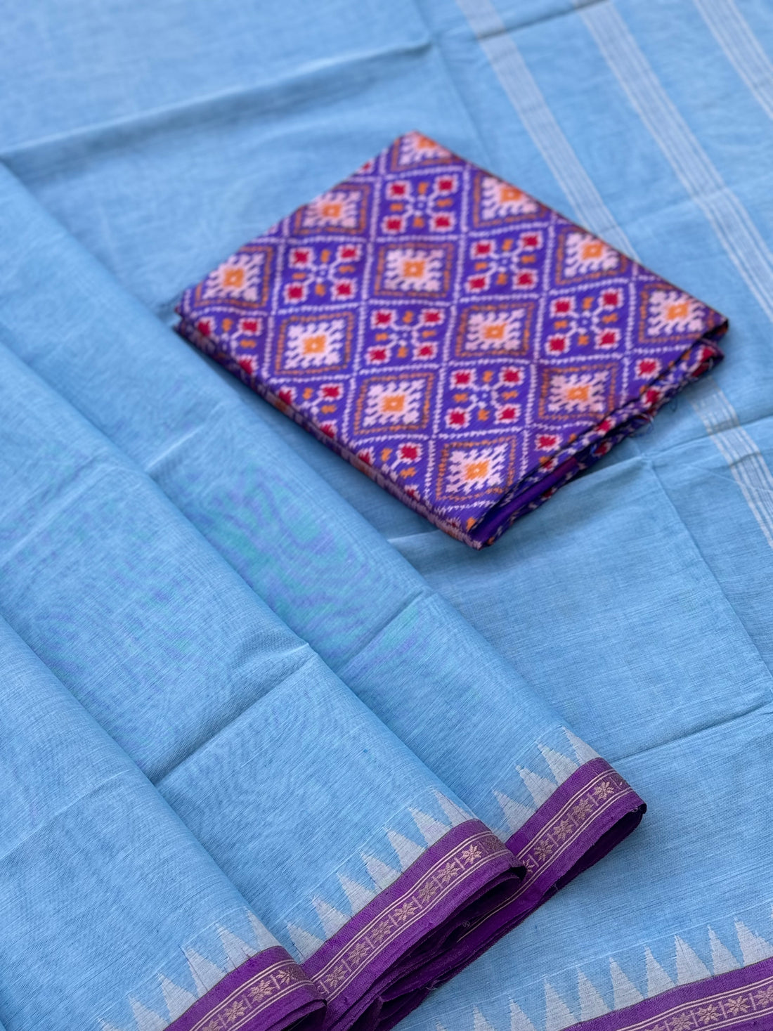 Powder Blue ponduru khadi cotton saree with silk tissue border