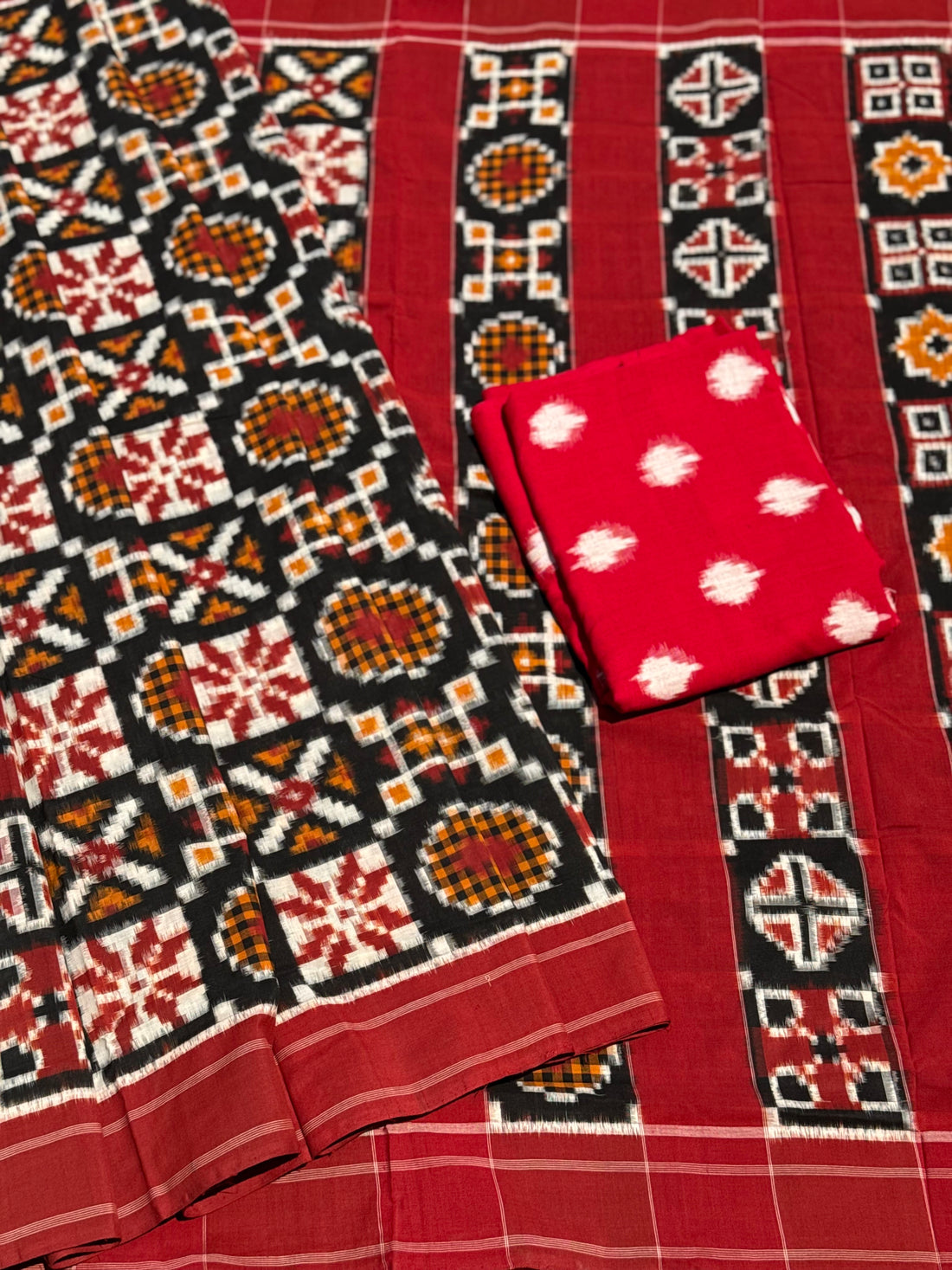 Handwoven tie dyed Telia Rumal double ikkat cotton saree