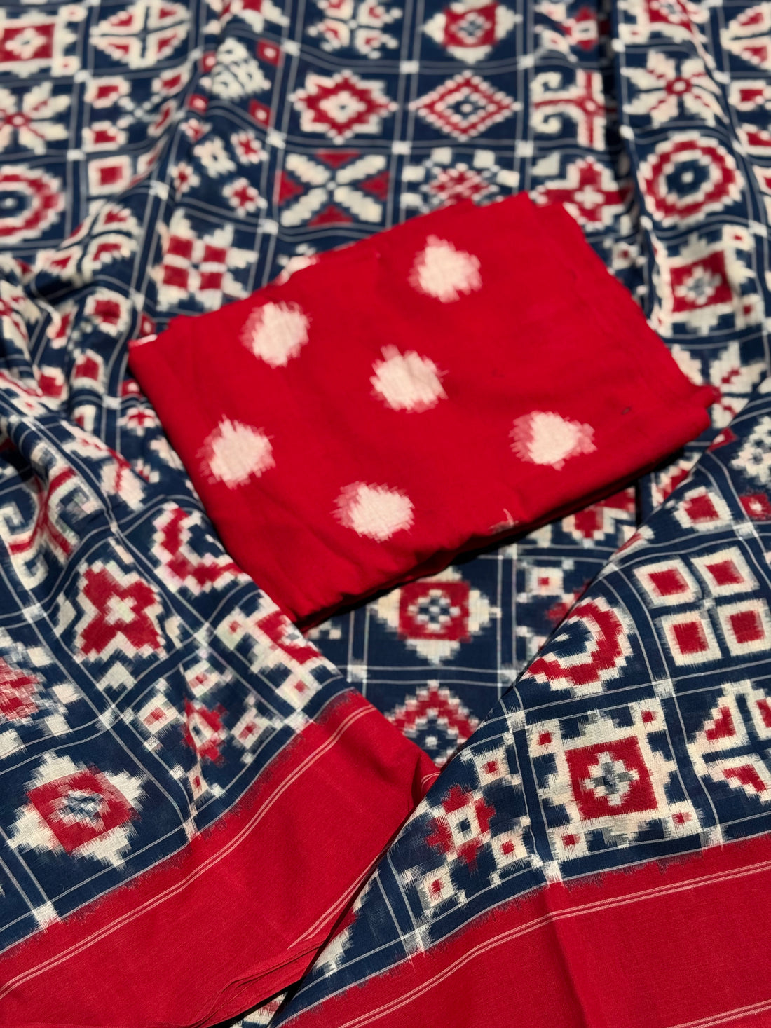 Handwoven tie dyed 18 motif Telia Rumal double ikkat cotton saree