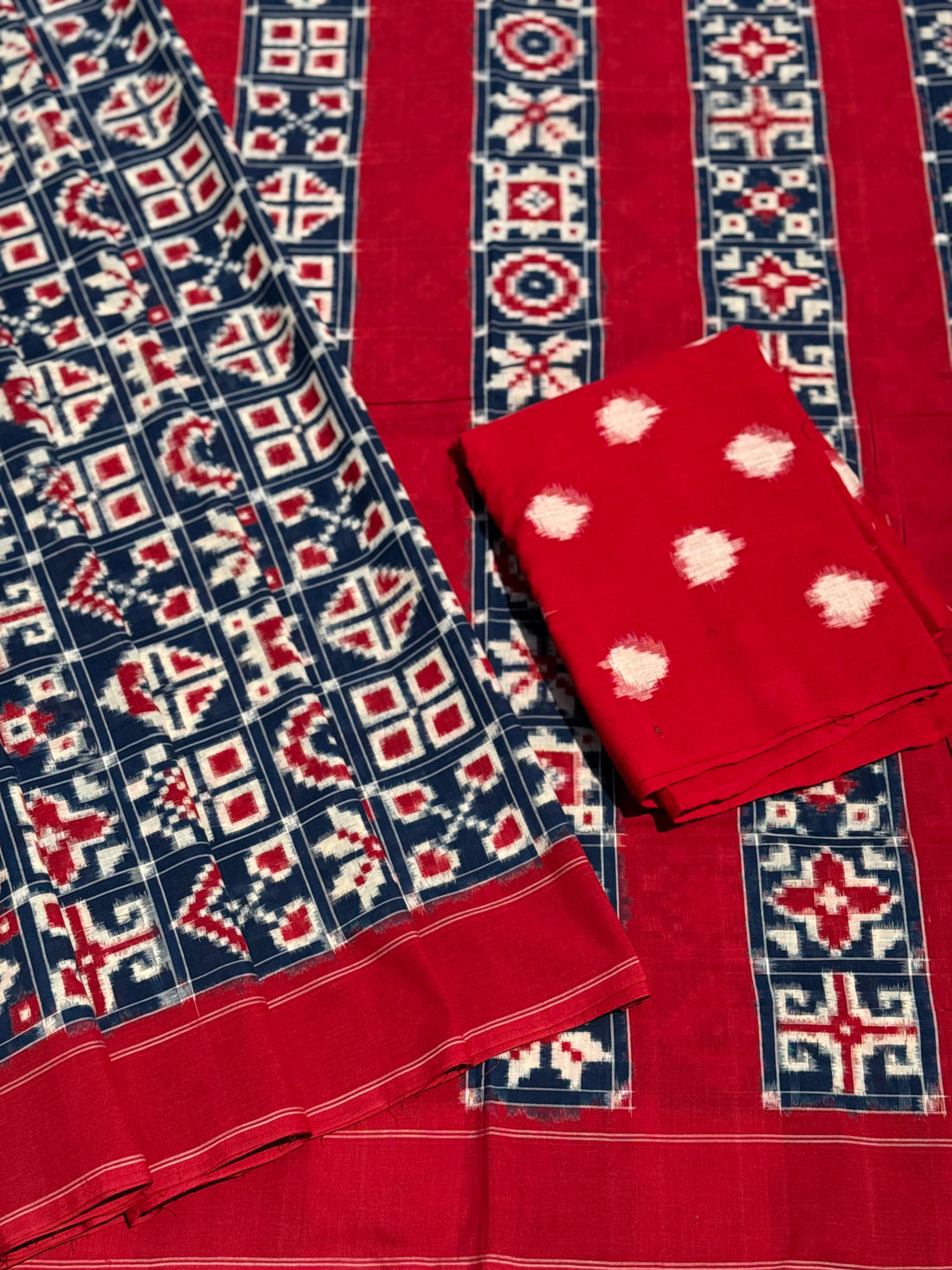 Handwoven tie dyed 18 motif Telia Rumal double ikkat cotton saree