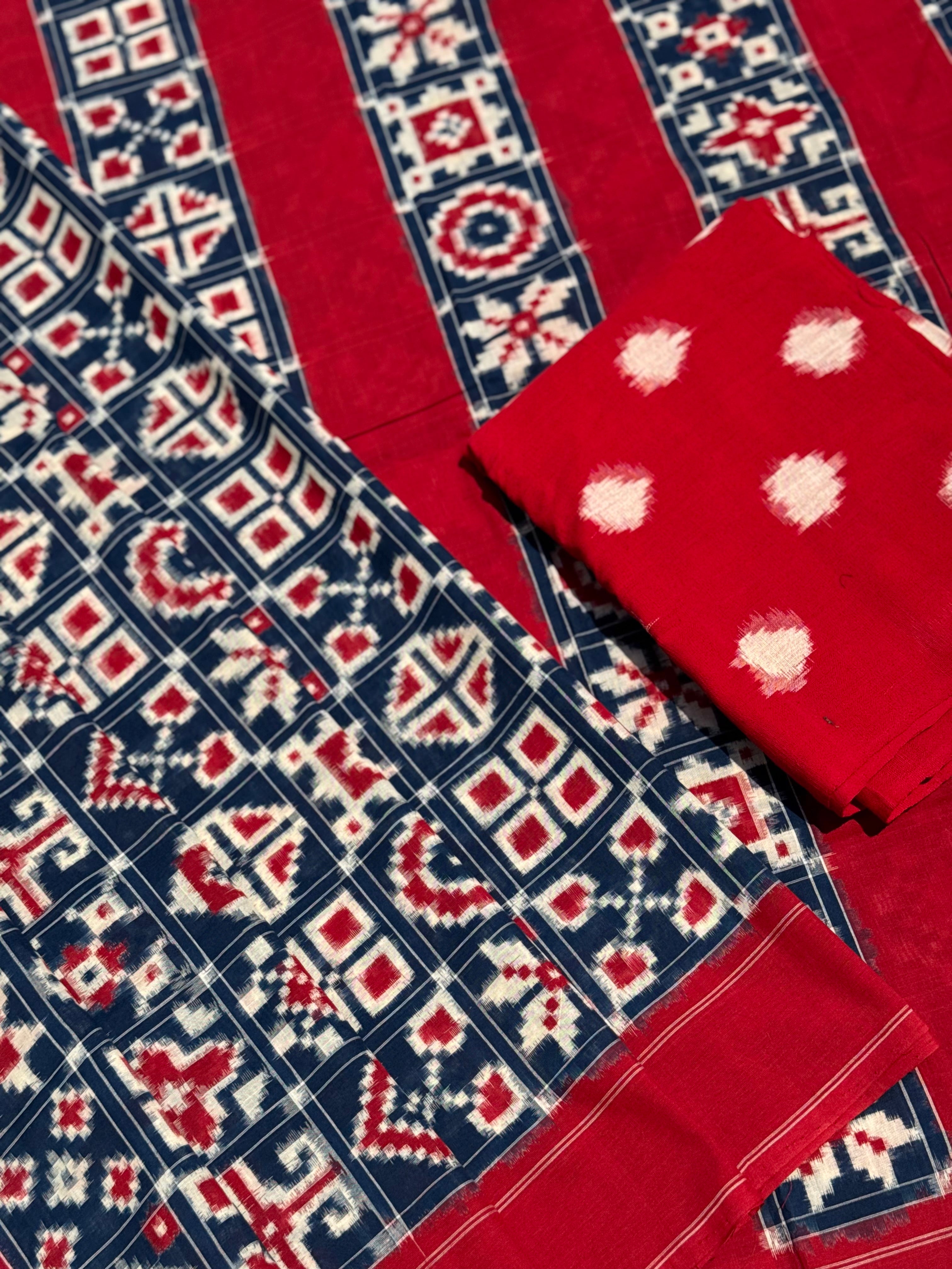Handwoven tie dyed 18 motif Telia Rumal double ikkat cotton saree