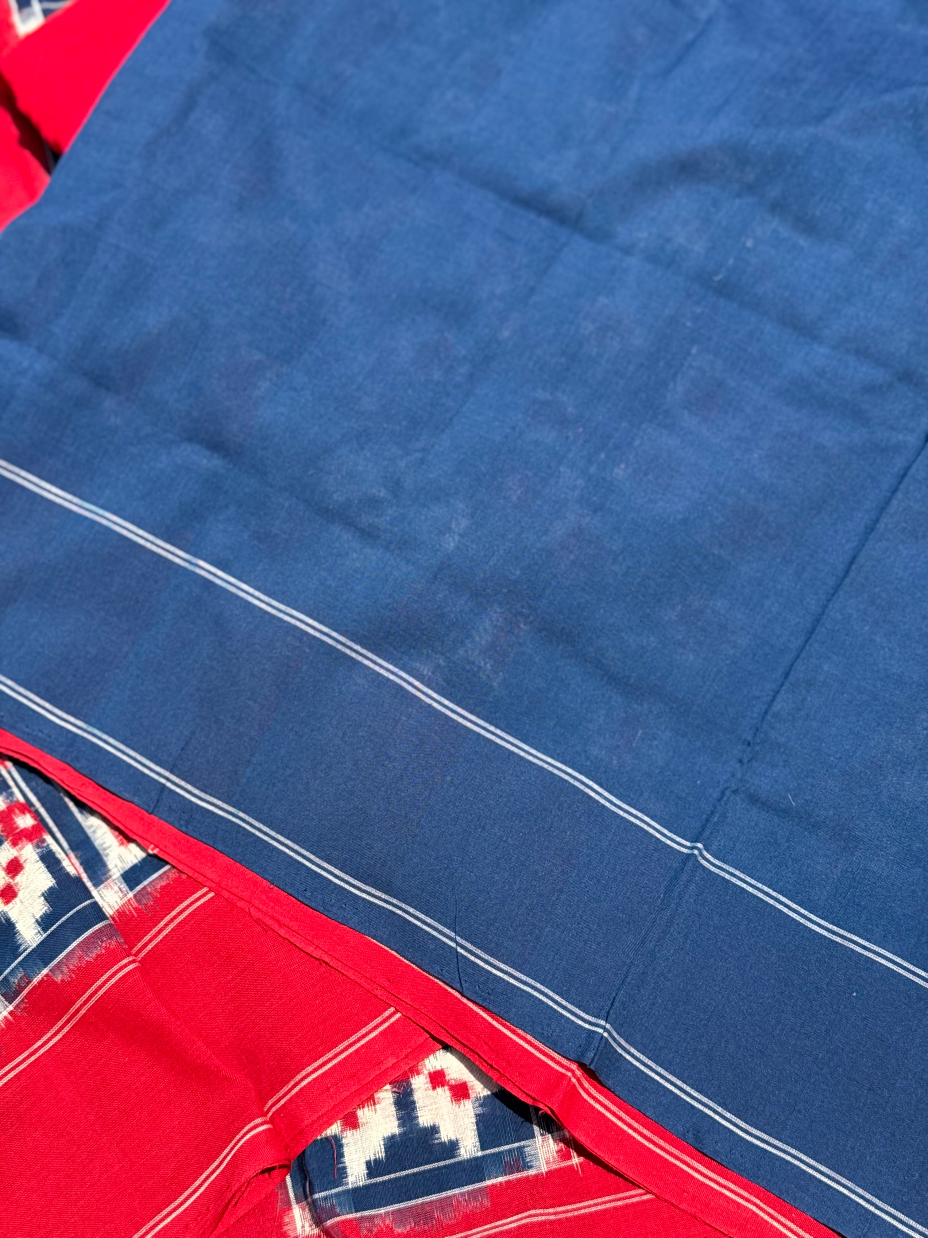Handwoven tie dyed 18 motif Telia Rumal double ikkat cotton saree