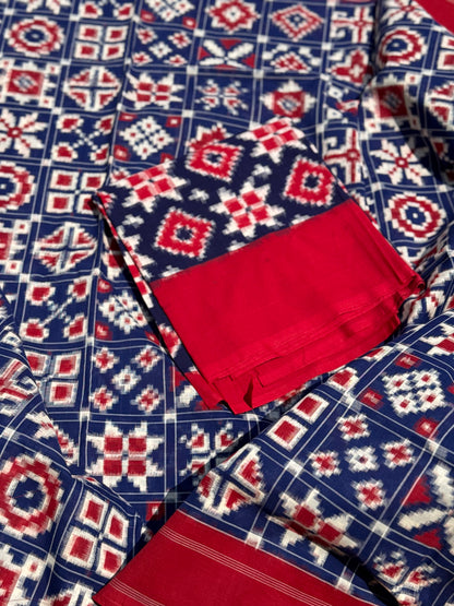 Handwoven tie dyed 18 motif Telia Rumal double ikkat cotton saree