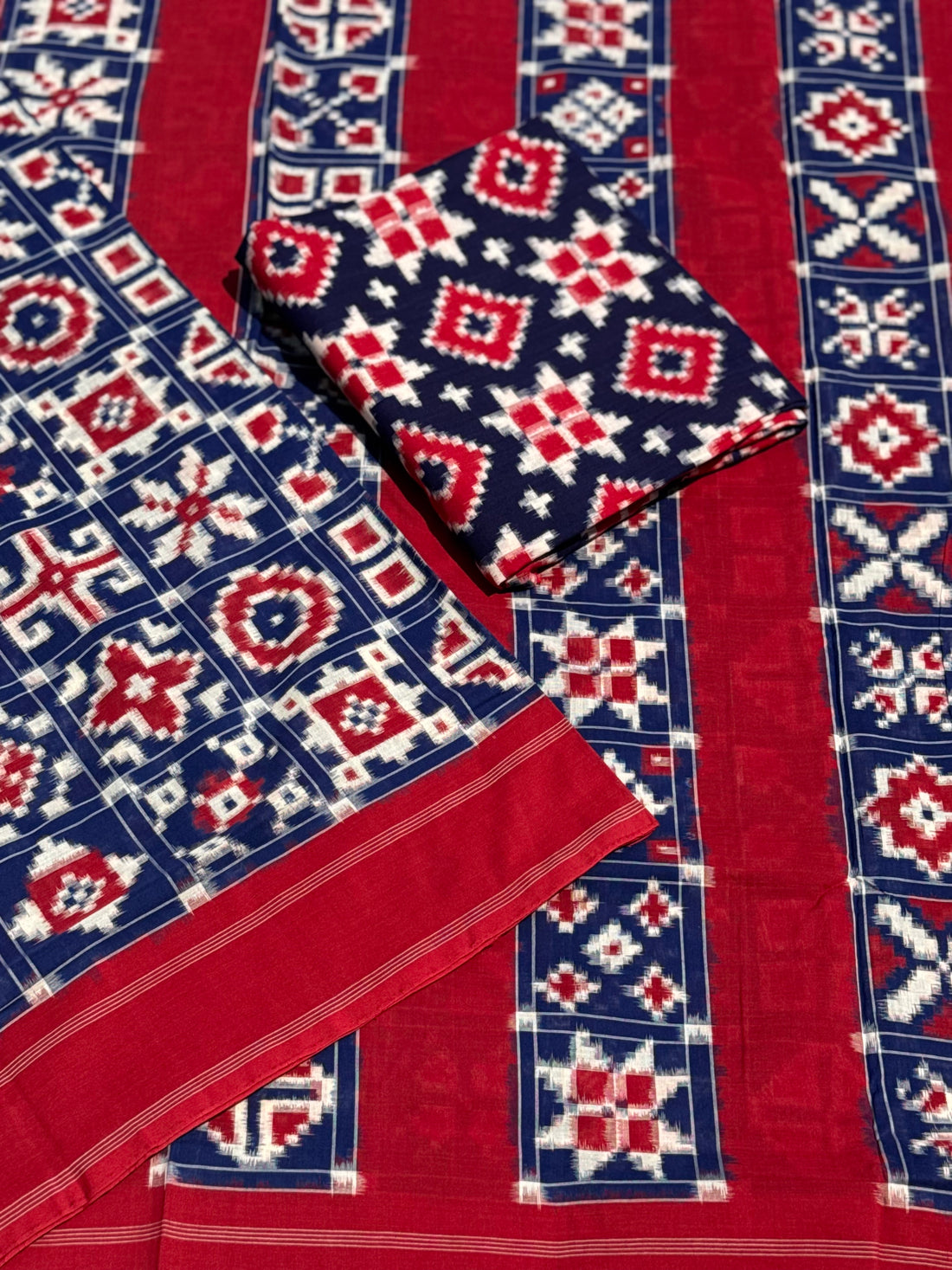 Handwoven tie dyed 18 motif Telia Rumal double ikkat cotton saree