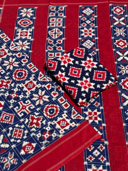 Handwoven tie dyed 18 motif Telia Rumal double ikkat cotton saree