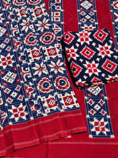Handwoven tie dyed 18 motif Telia Rumal double ikkat cotton saree