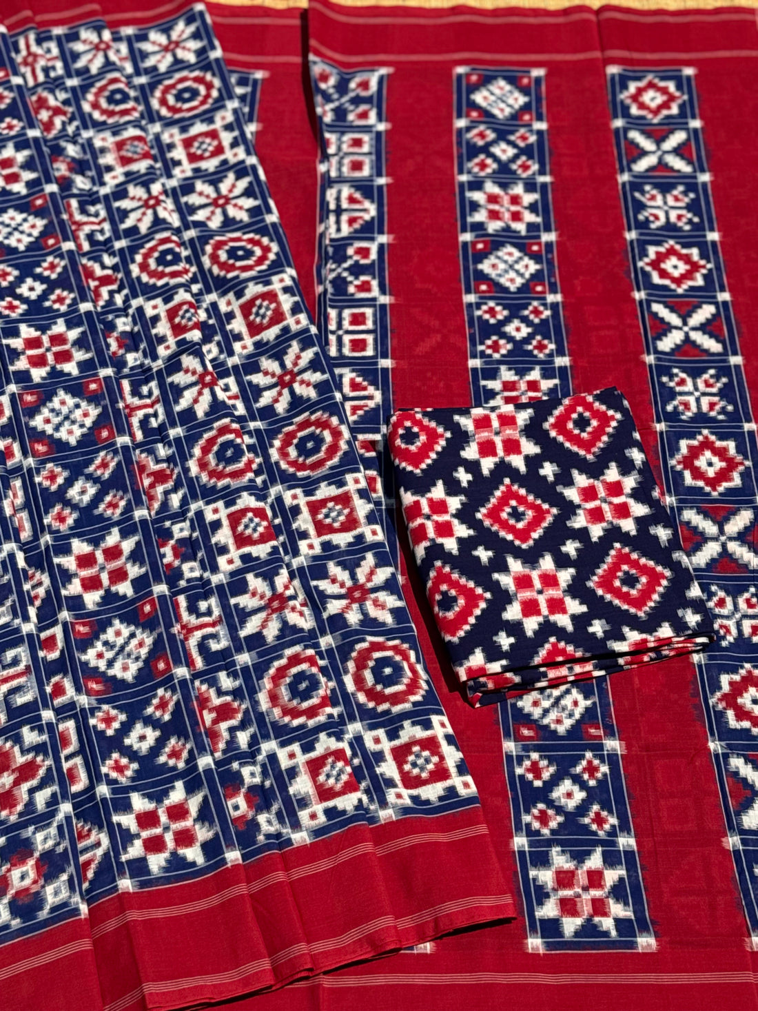 Handwoven tie dyed 18 motif Telia Rumal double ikkat cotton saree