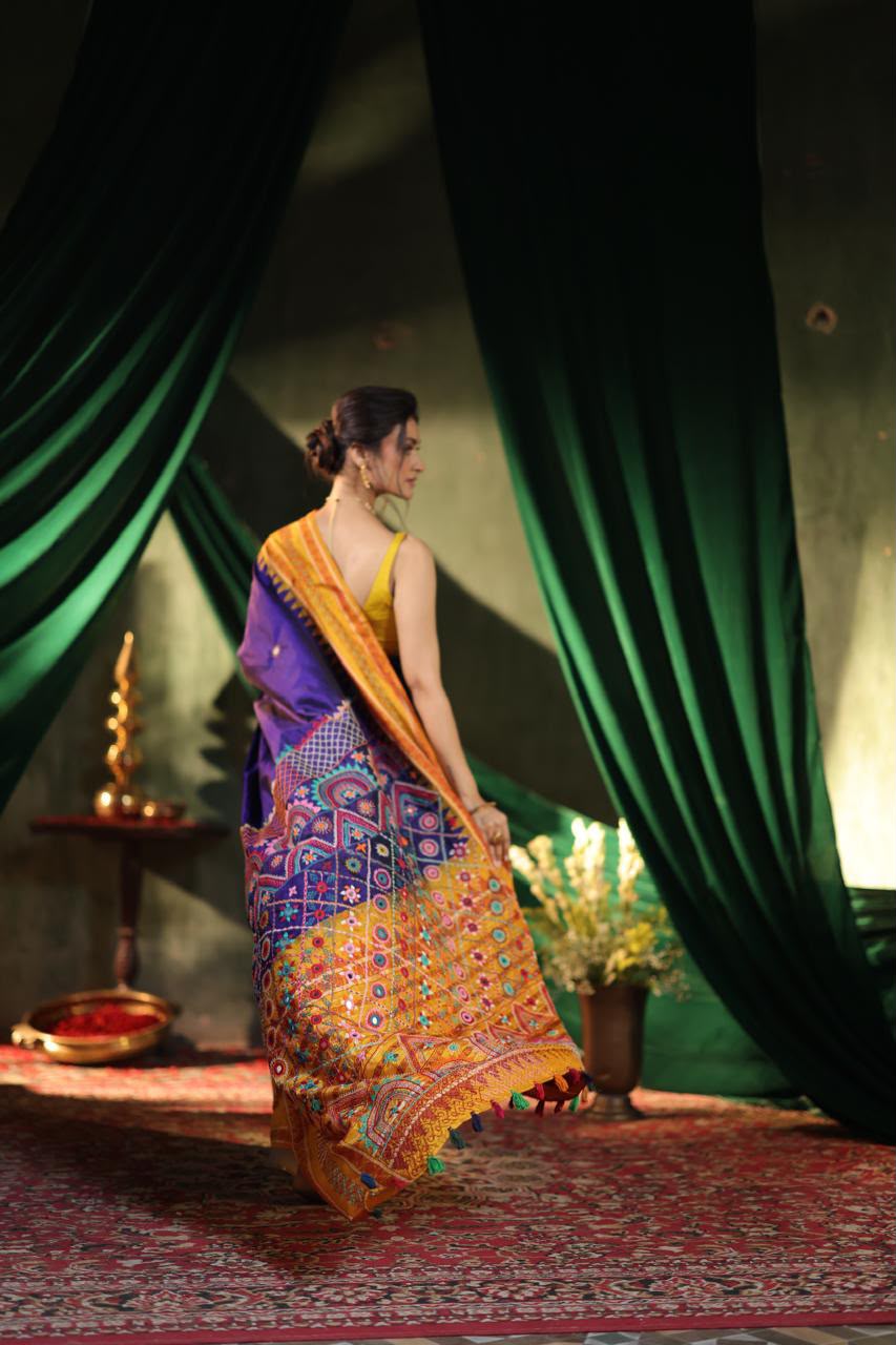 Exclusive masterpiece Kanchivaram korvai silk saree with hand embroidery lambani work