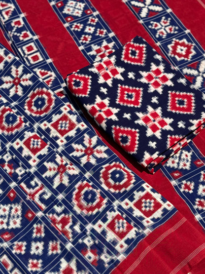 Handwoven tie dyed 18 motif Telia Rumal double ikkat cotton saree