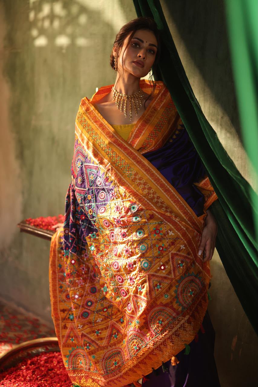 Exclusive masterpiece Kanchivaram korvai silk saree with hand embroidery lambani work