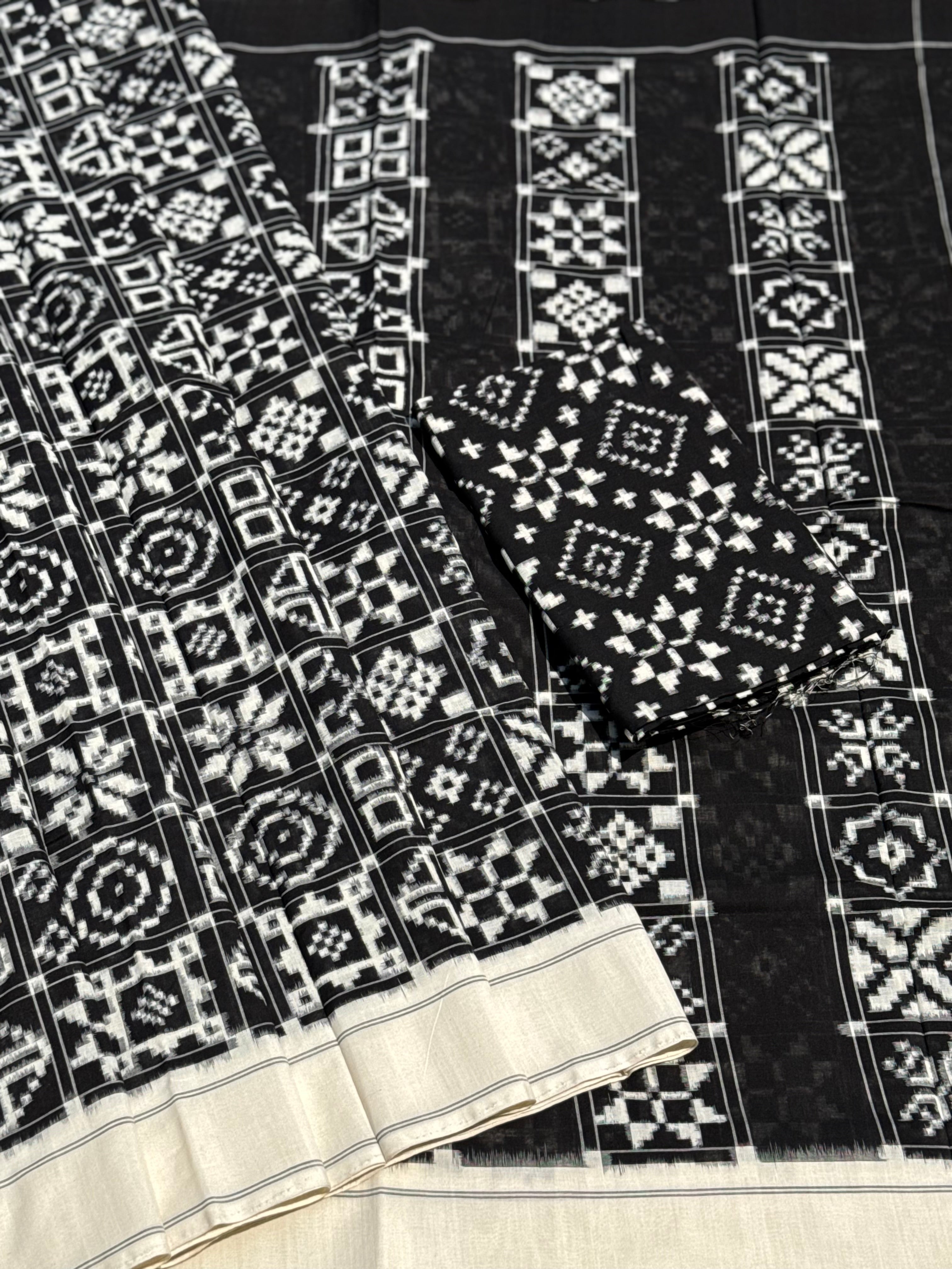 Handwoven tie dyed 9 motif Telia Rumal double ikkat cotton saree