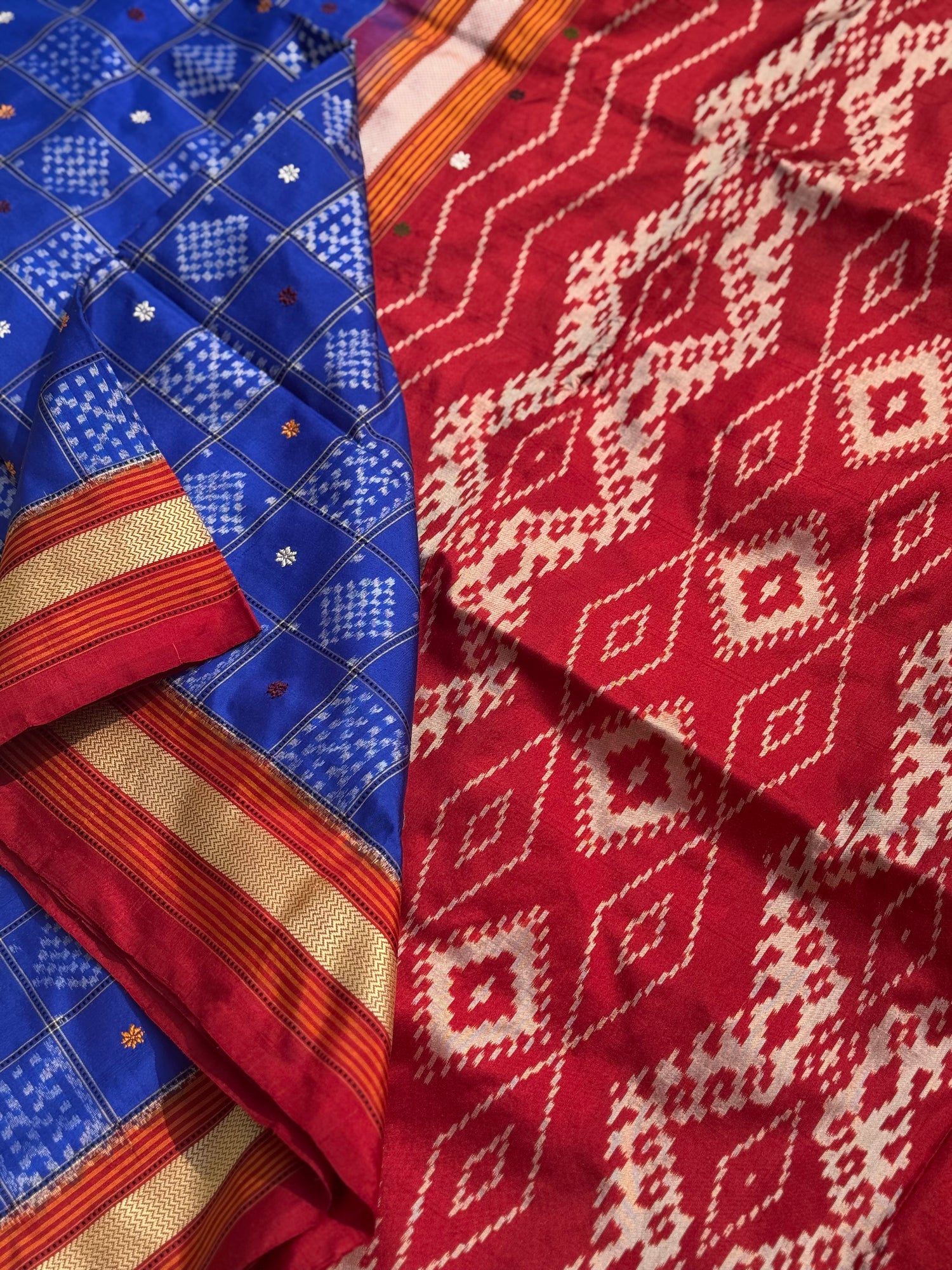 A royal blue shade revival vintage recreated masterpiece created by a national award winning masterweaver, a highly skilled craftsmanship silk ikkat saree