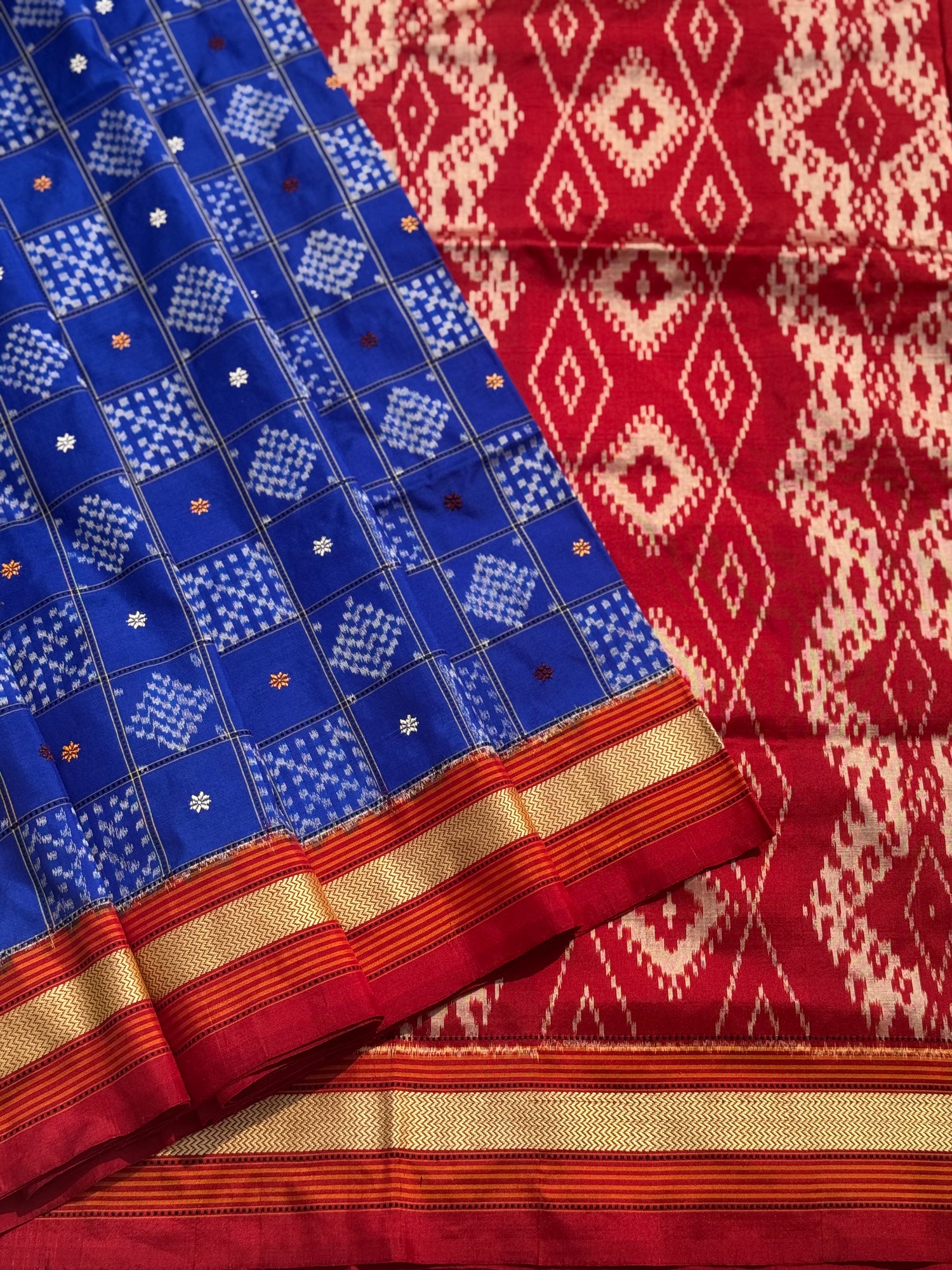 A royal blue shade revival vintage recreated masterpiece created by a national award winning masterweaver, a highly skilled craftsmanship silk ikkat saree