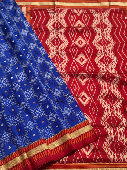 A royal blue shade revival vintage recreated masterpiece created by a national award winning masterweaver, a highly skilled craftsmanship silk ikkat saree