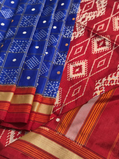 A royal blue shade revival vintage recreated masterpiece created by a national award winning masterweaver, a highly skilled craftsmanship silk ikkat saree