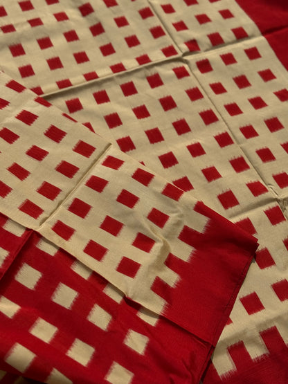 A contemporary take on solid block pattern double ikkat handwoven mulberry silk  saree