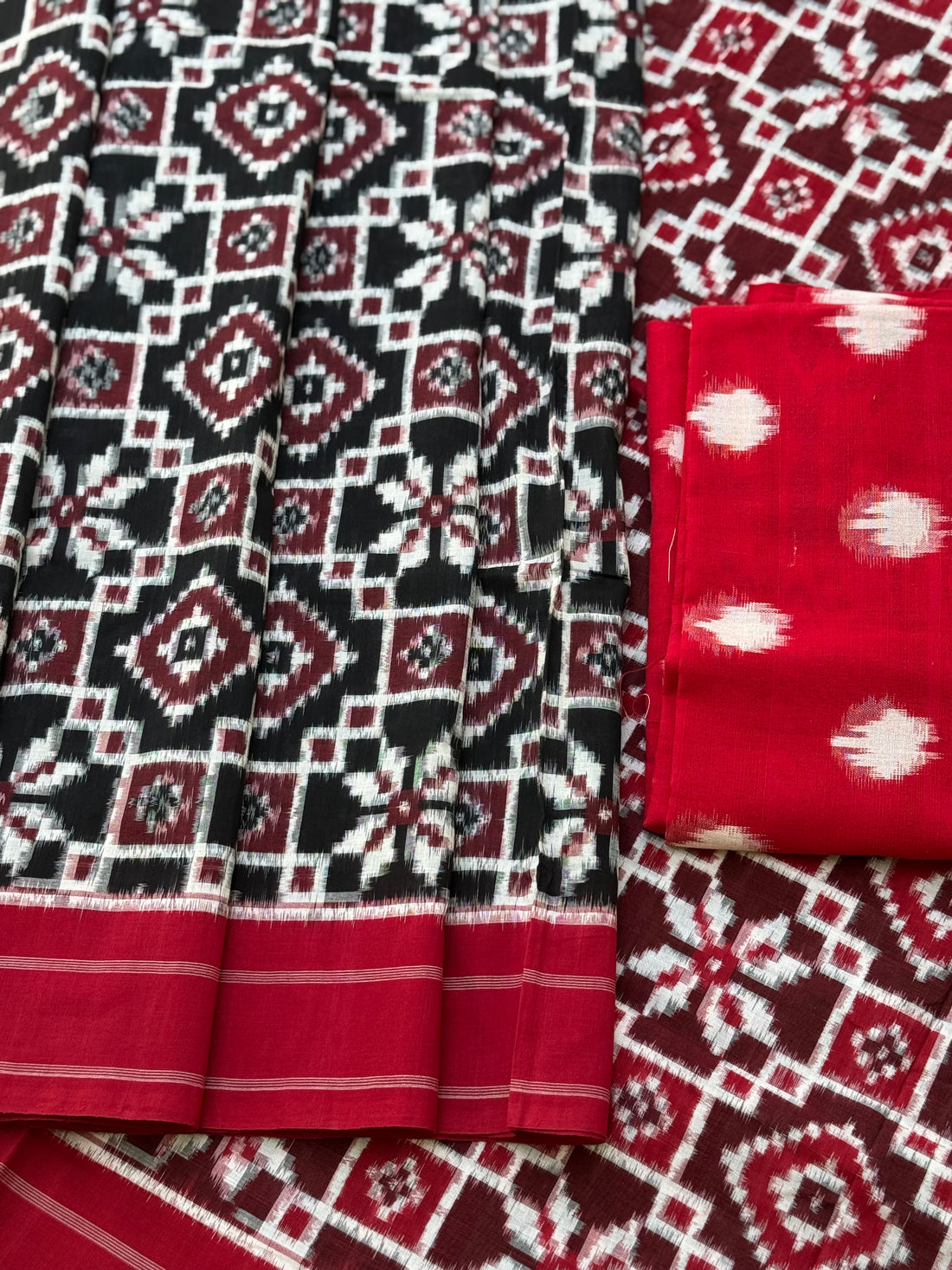 Handwoven tie dyed Telia Rumal double ikkat cotton saree