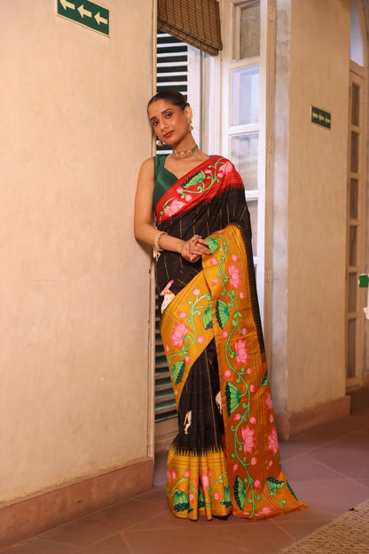 An elegant fusion crafted kanchivaram korvai silk With Pichwai hand painted art