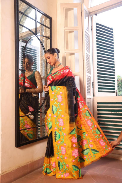 An elegant fusion crafted kanchivaram korvai silk With Pichwai hand painted art