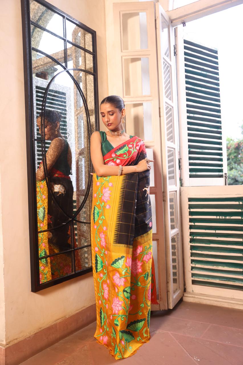 An elegant fusion crafted kanchivaram korvai silk With Pichwai handpainted art