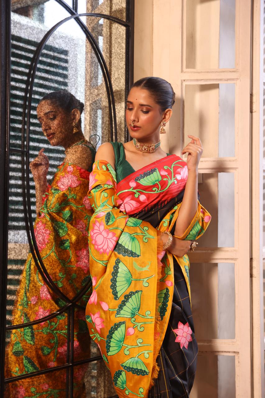 An elegant fusion crafted kanchivaram korvai silk With Pichwai hand painted art
