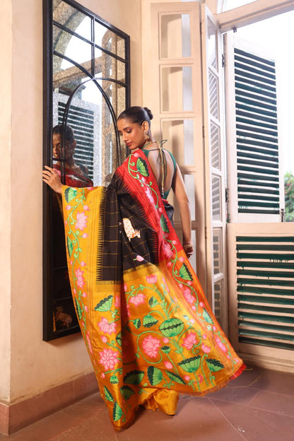 An elegant fusion crafted kanchivaram korvai silk With Pichwai hand painted art