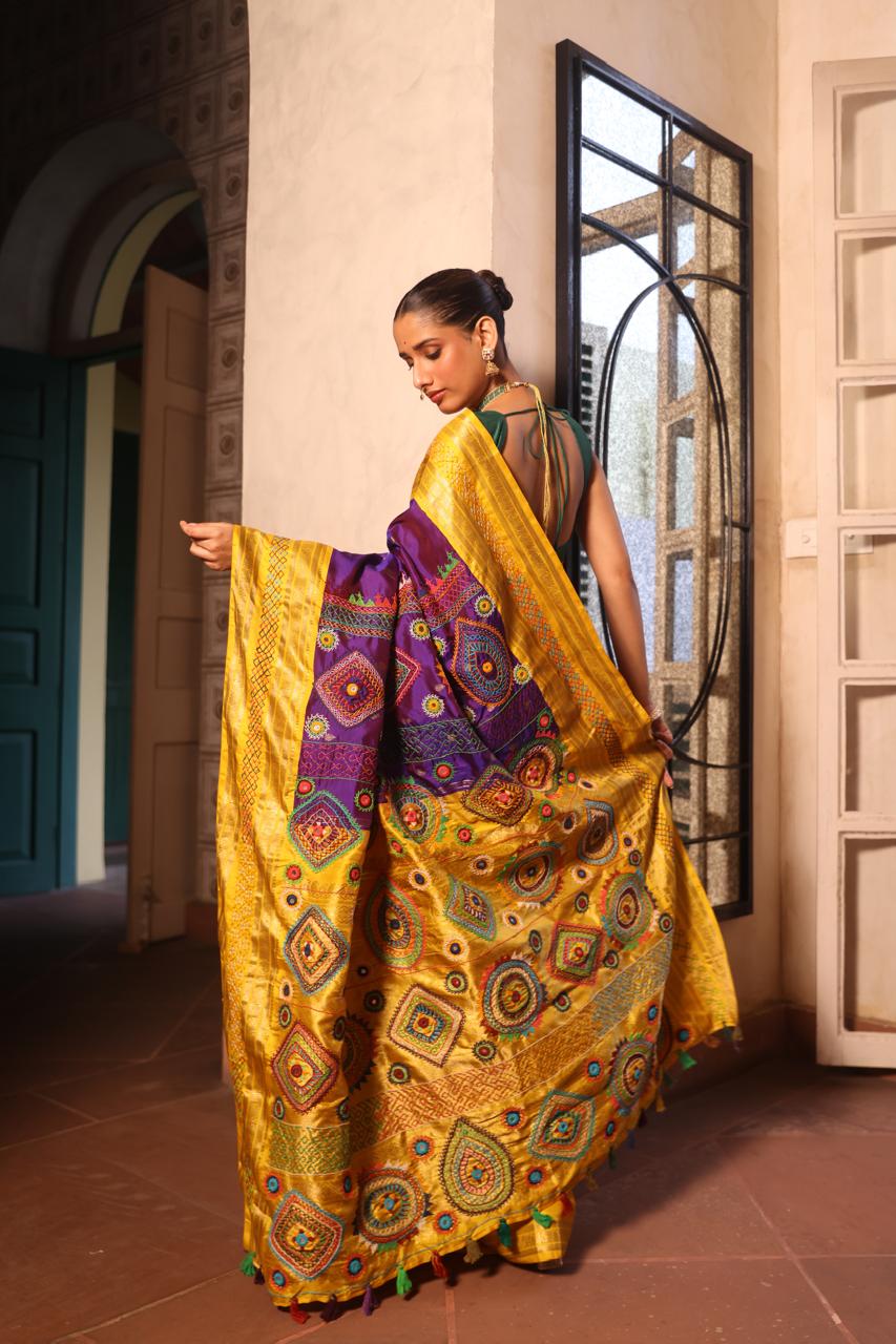 Lambani embroidery with mirror work crafted on pure korvai kanchivaram silk