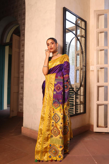 Lambani embroidery with mirror work crafted on pure korvai kanchivaram silk