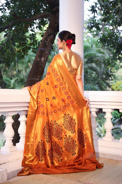 Molten gold shade NUI Shibori korvai kanchivaram silk saree with Katha handembroidery