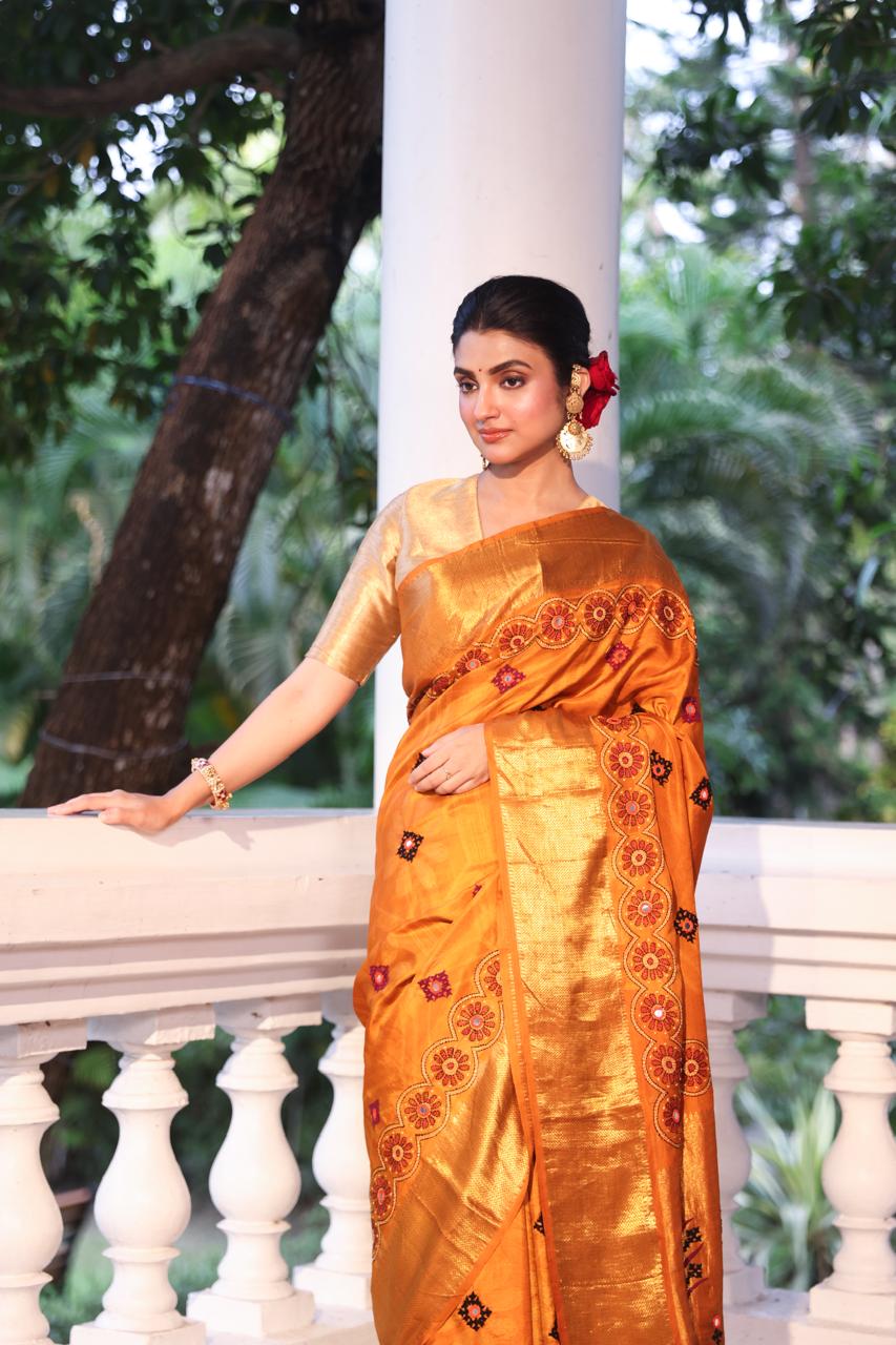 Molten gold shade NUI Shibori korvai kanchivaram silk saree with Katha handembroidery