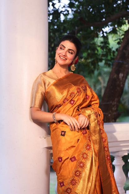 Molten gold shade NUI Shibori korvai kanchivaram silk saree with Katha handembroidery