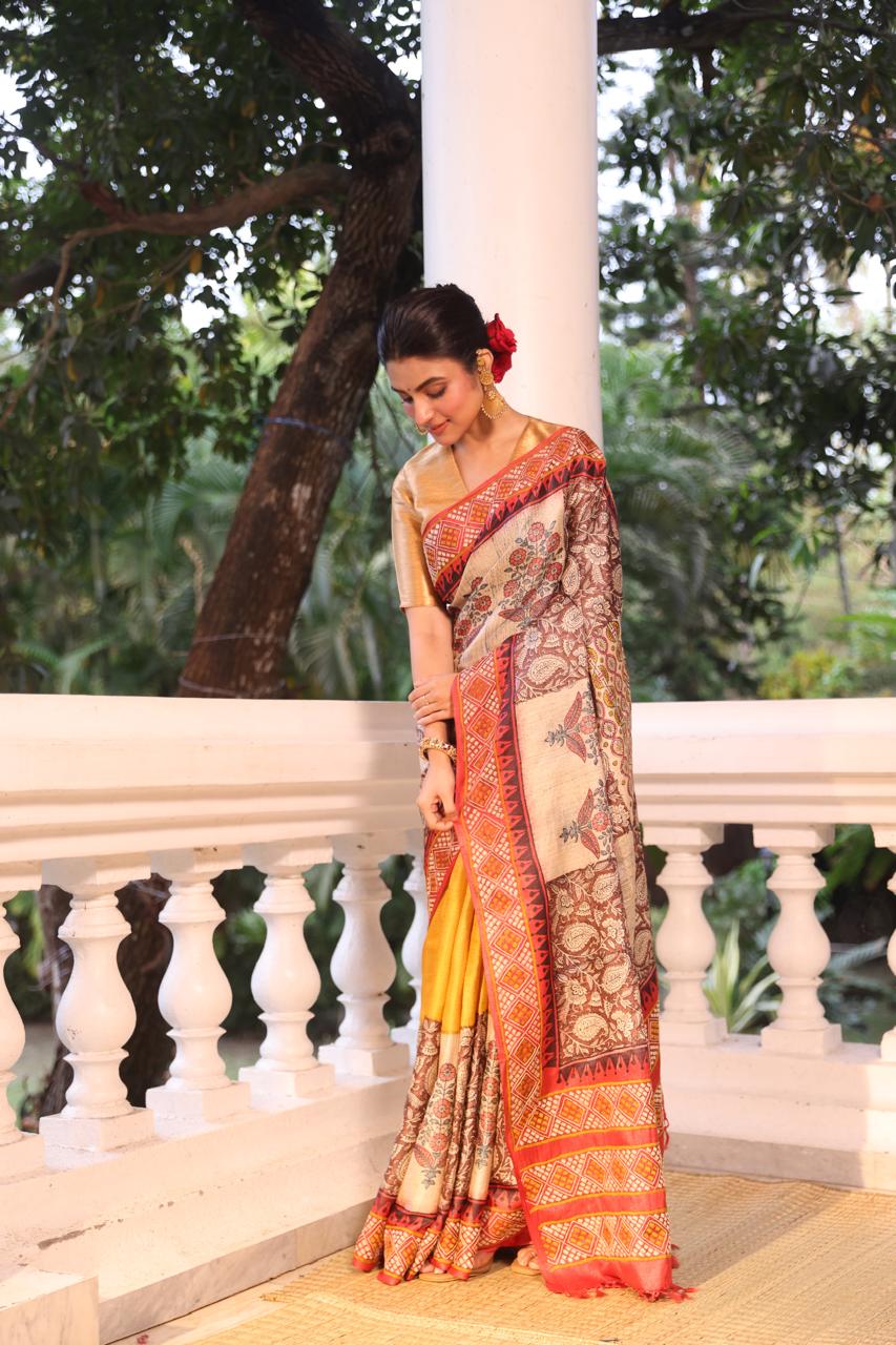A stunner tussar by zari handwoven silk saree with Bagh handblock prints and  handembroidery phulkari work