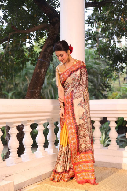 A stunner tussar by zari handwoven silk saree with Bagh handblock prints and  handembroidery phulkari work